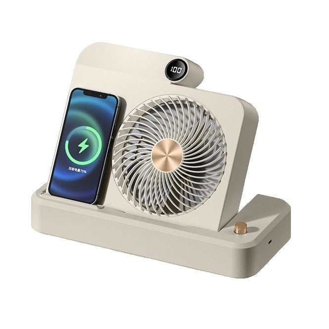 Ventilator Smart 2 în 1 MaisonElise – 100 Trepte de Viteză, Încărcare Wireless Telefon, Afișaj Digital, 2400 mAh, Ultra Silențios, USB-C, Bej, 25 x 16.5 x 24 cm