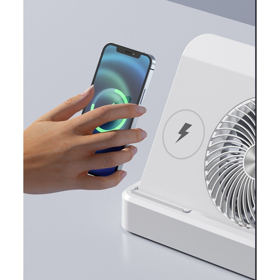 Ventilator Smart 2 în 1 MaisonElise – 100 Trepte de Viteză, Încărcare Wireless Telefon, Afișaj Digital, 2400 mAh, Ultra Silențios, USB-C, Bej, 25 x 16.5 x 24 cm