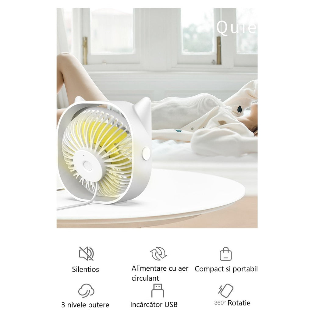 Mini Ventilator USB Maison Elise – Design Pisicuță, Super Silențios, Rotire 360°, Alb Compact