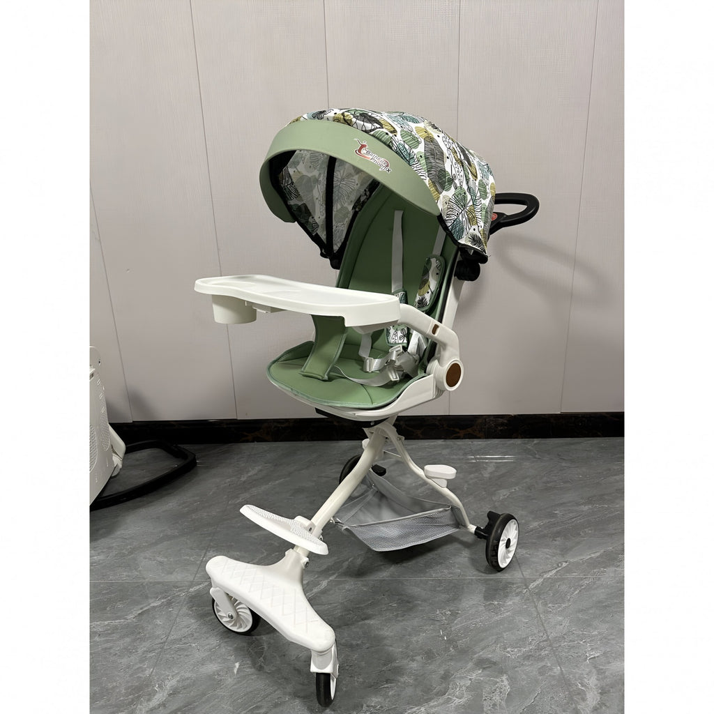 Cărucior sport 3in1, 6-36 luni , reversibil, pliabil, tăviță pentru masa, roti 360 si parasolar - Model Frunze - Verde